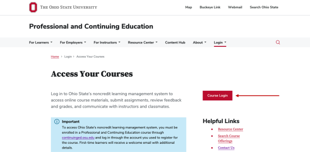 webpage showing Access Your courses page with a red arrow indicating the Course Login button 