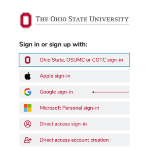 image showing possible log-in options to access the Canvas platform. The third option of the menu is indicated with a red arrow for indication.